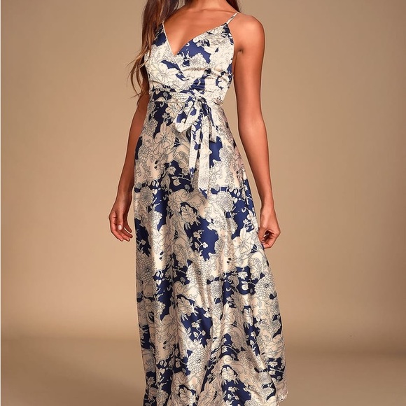 Lulu's Navy and Cream Floral Maxi Dress - Picture 1 of 14